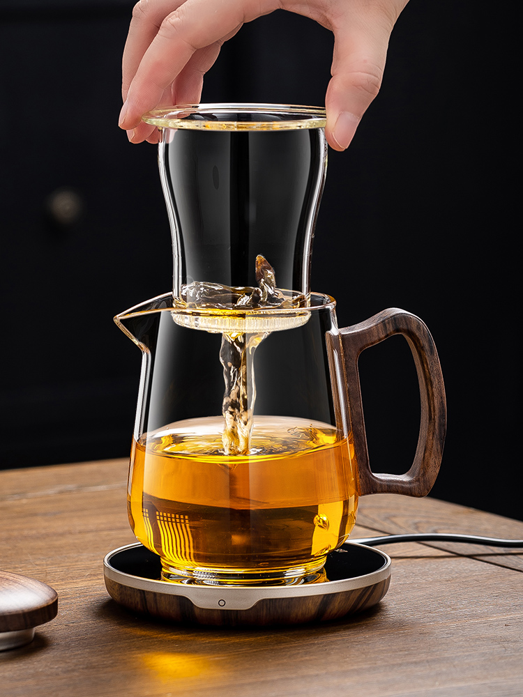 胡桃木侧把玻璃泡茶杯茶水分离过滤冲茶器功夫茶具泡茶壶三件杯无