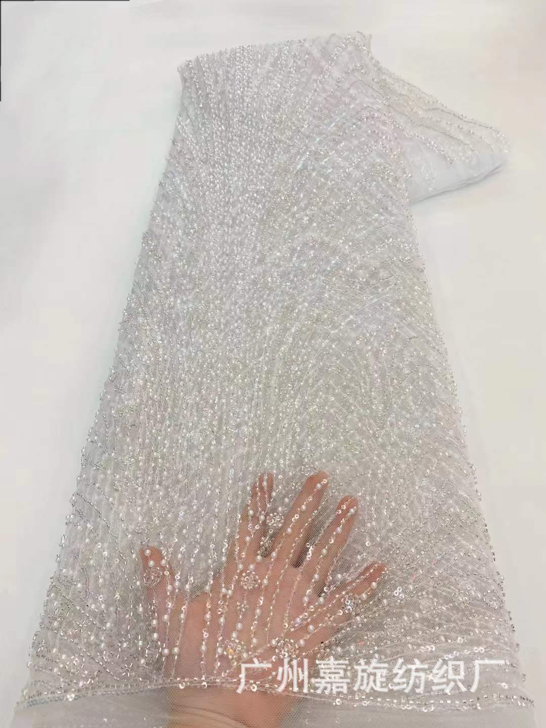 Vestido de novia blanco bordado con cuentas tela transfronteriza exclusivo para el vestido de noche europeo y americano vestido de tela de lentejuelas de malla JX3977