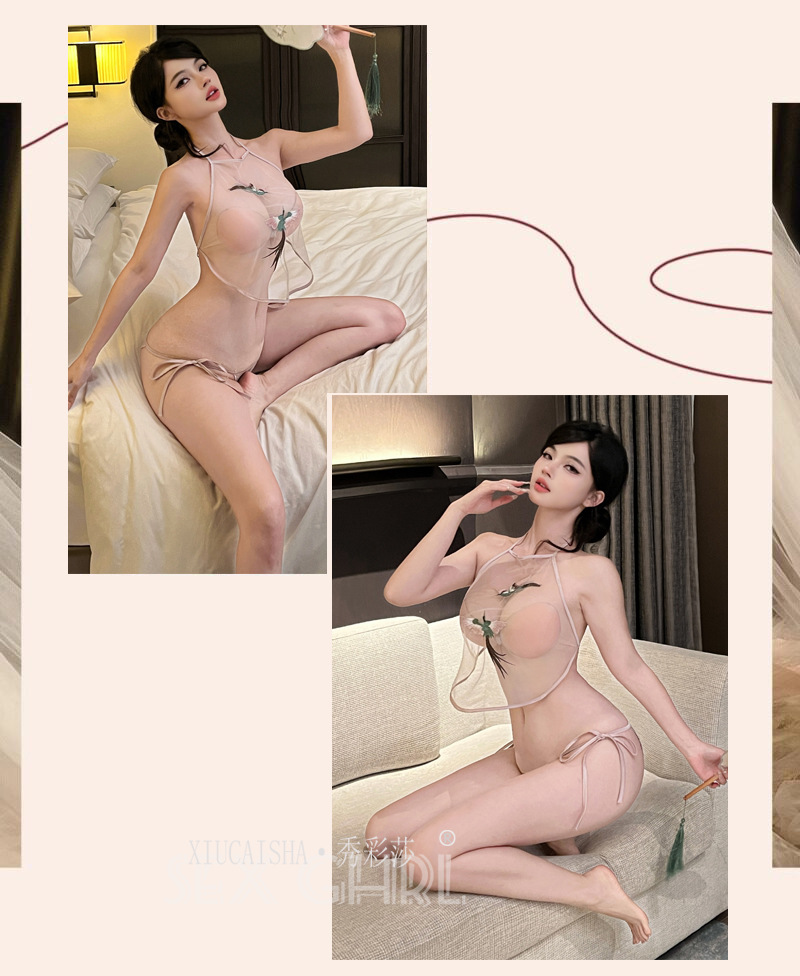 Embroidered Bellyband Lingerie Set, Sheer Mesh Pajama with White Fishnet Stockings, One Size — detail image 8
