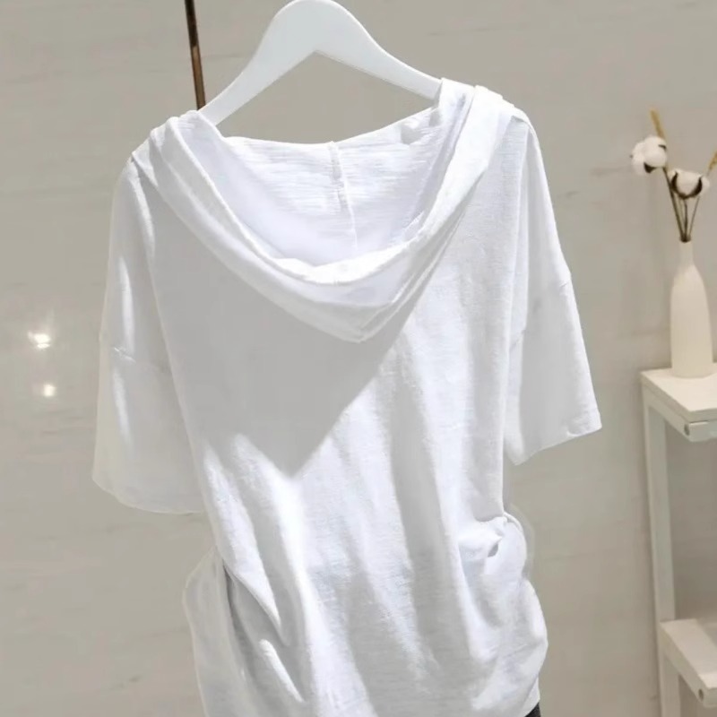 Áo thun nữ cotton 100% tay ngắn có mũ trùm đầu form rộng — Màu đen ((bông tre, mỏng và thoáng khí)) chi tiết 2