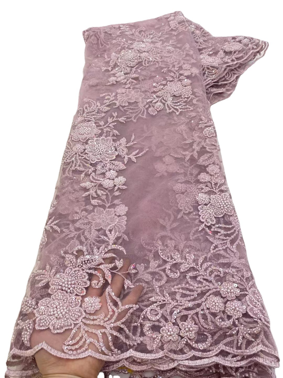Tela de encaje bordado tridimensional posicionamiento de la flor tela de bordado de lentejuelas flor hecha a mano tubo de cuentas bordado de tela de malla JX3481