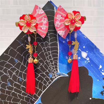 2pcs Japanese style Fan hairpin flowers beaded tassel bells children girls hanfu hair accessories antique side clip kimono dress yukata headdress