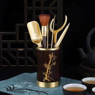 定制款 黄铜黑檀木茶道六君子高端送礼黄铜茶具配件黑檀木茶具