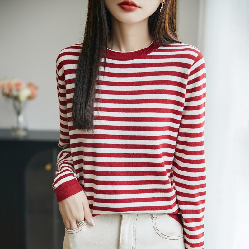 Korean Style Contrasting Striped Pure Cotton Knitwear Sweater for Women Autumn and Winter New Style Round Neck Bottoming Shirt for Women