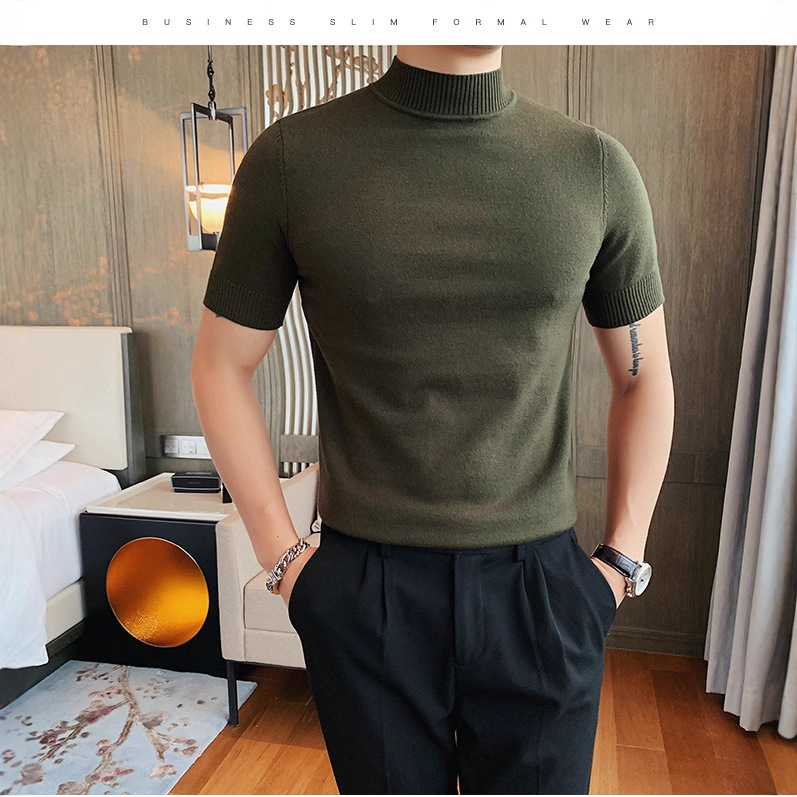 Half Turtleneck Short-Sleeved Knitwear Men's Half-Sleeved Spring & Fall Versatile Knitwear Mid-Collar Pure Color Knitwear Slim Bottoming Shirt Trendy