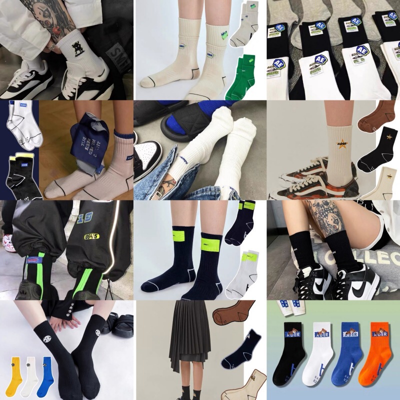 South Korea designer fashion brand double needle thick thread embroidered mid-calf length socks subnet red men and women Street sports cotton socks