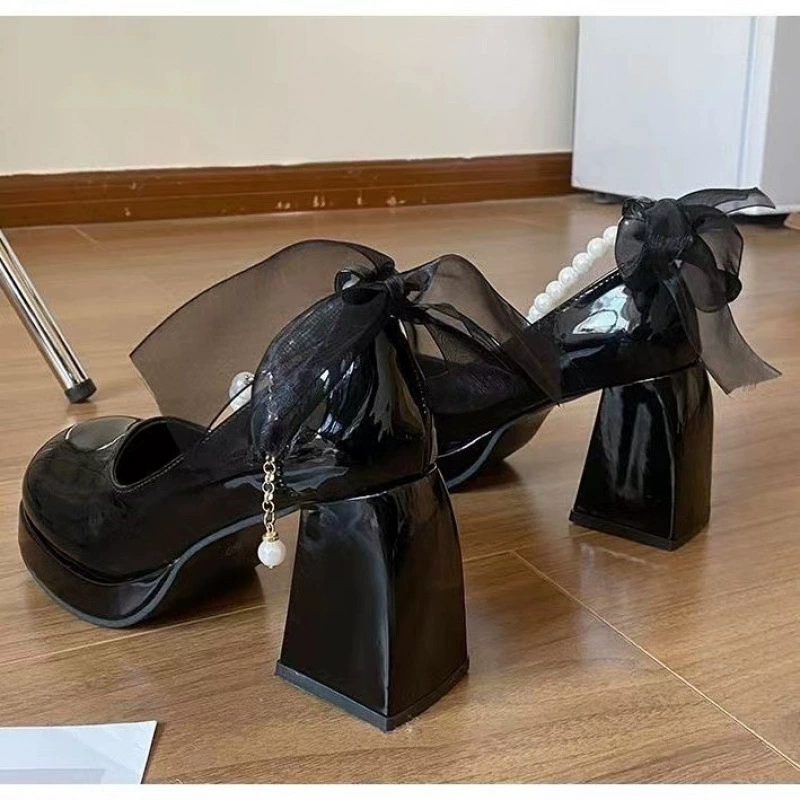 Винтажный жемчужный бант Мэри Джейн обувь женская весна и осень 2025 новые квадратные и сладкие туфли на высоком каблуке