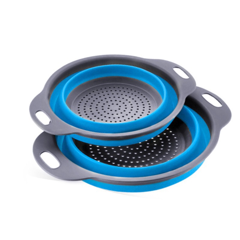 Cesta de drenaje plegable telescópica para acampar al aire libre, filtro de agua súper redondo, artefacto de cocina azul vegetal plegable, canasta de lavado de verduras