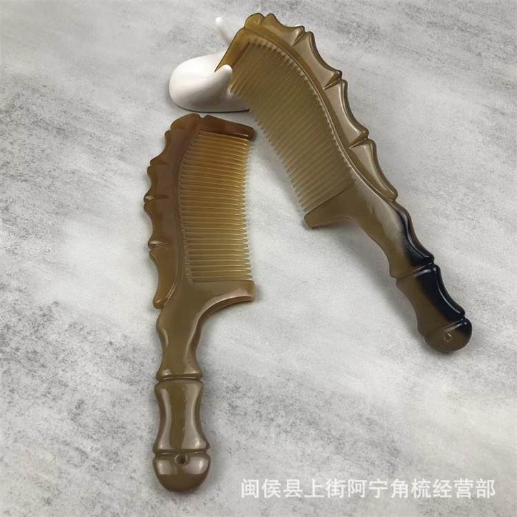 Handmade Horn Comb Bamboo Joint Handle Fine Teeth Carved Thick Round Grip 20cm overview