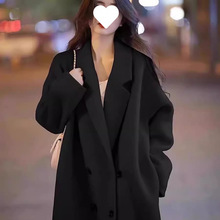 高级黑色双面羊绒毛呢外套2024秋冬新款小个子中长款韩系呢子大衣