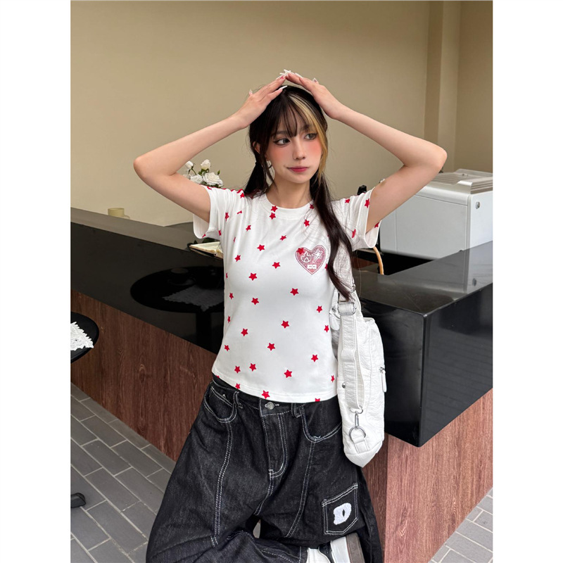 Original Fabric*** Full Printed Star Webbing Raglan Sleeve T-Shirt Women's Summer American Retro Y2K Slim Short Short Sleeves
