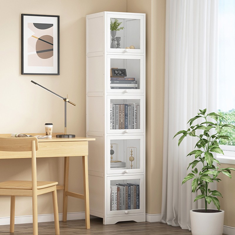 Bookcase with door gap storage home display bookshelf dustproof storage solid wood floor small narrow gap storage cabinet