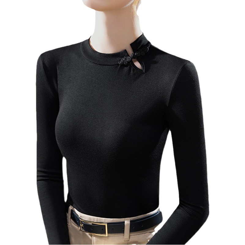 Camisa de fondo de cuello redondo para mujer 2023 nueva mujer europea retro hebilla de manga larga Camiseta elástica Cintura interior apretado top