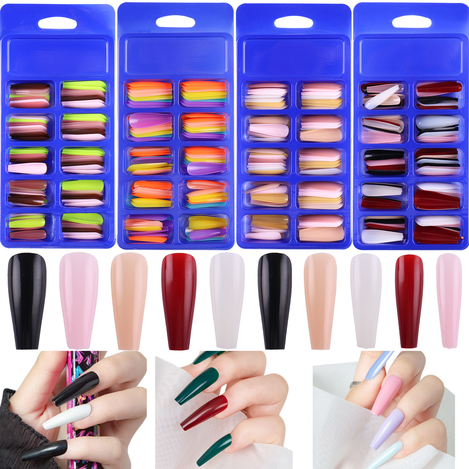 Transfronterizo de Europa y América del color sólido 100 unidades de desgaste de uñas azul caja de color parche de uñas DIY arte de uñas pieza de producto terminado venta al por mayor