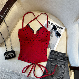 Sweet Hot Girl Polka Dot Halter Neck Camisole Women's Outerwear Summer Thai Style Niche Sexy Backless Tube Top Outerwear