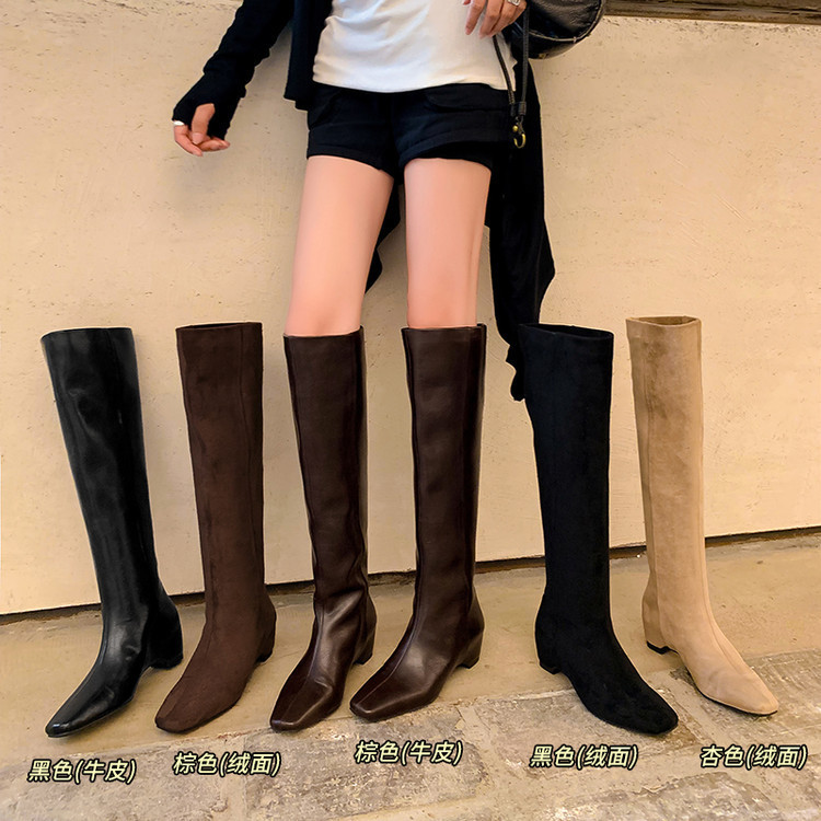 Chestnut 5cm Knee-High Boots French Square Toe Height-Increasing Slimming Straight High Boots Women's New Non-Slip Slim Boots