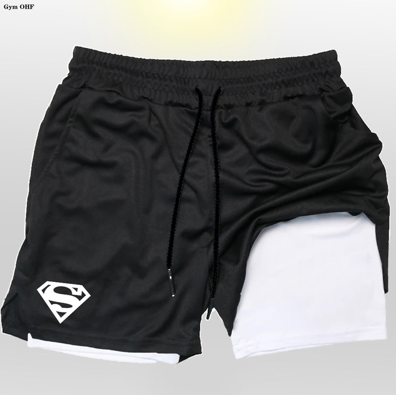 Men's Two-in-One Double-Layer Shorts 2D Printed Superman Fitness Training Pants Loose Sweatpants