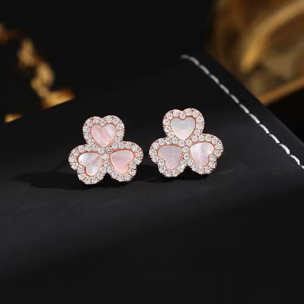 高版本s925銀針+真金電鍍 甜美花朵花卉玫瑰金愛心貝母耳飾