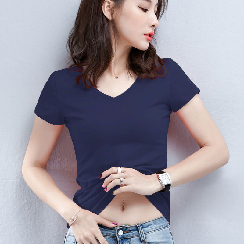 赤い肩の半袖のtシャツの女性の夏の修身の婦人服の丸首の半袖の底のシャツは年齢を減らして身の上着の卸売りを身につけます。|undefined