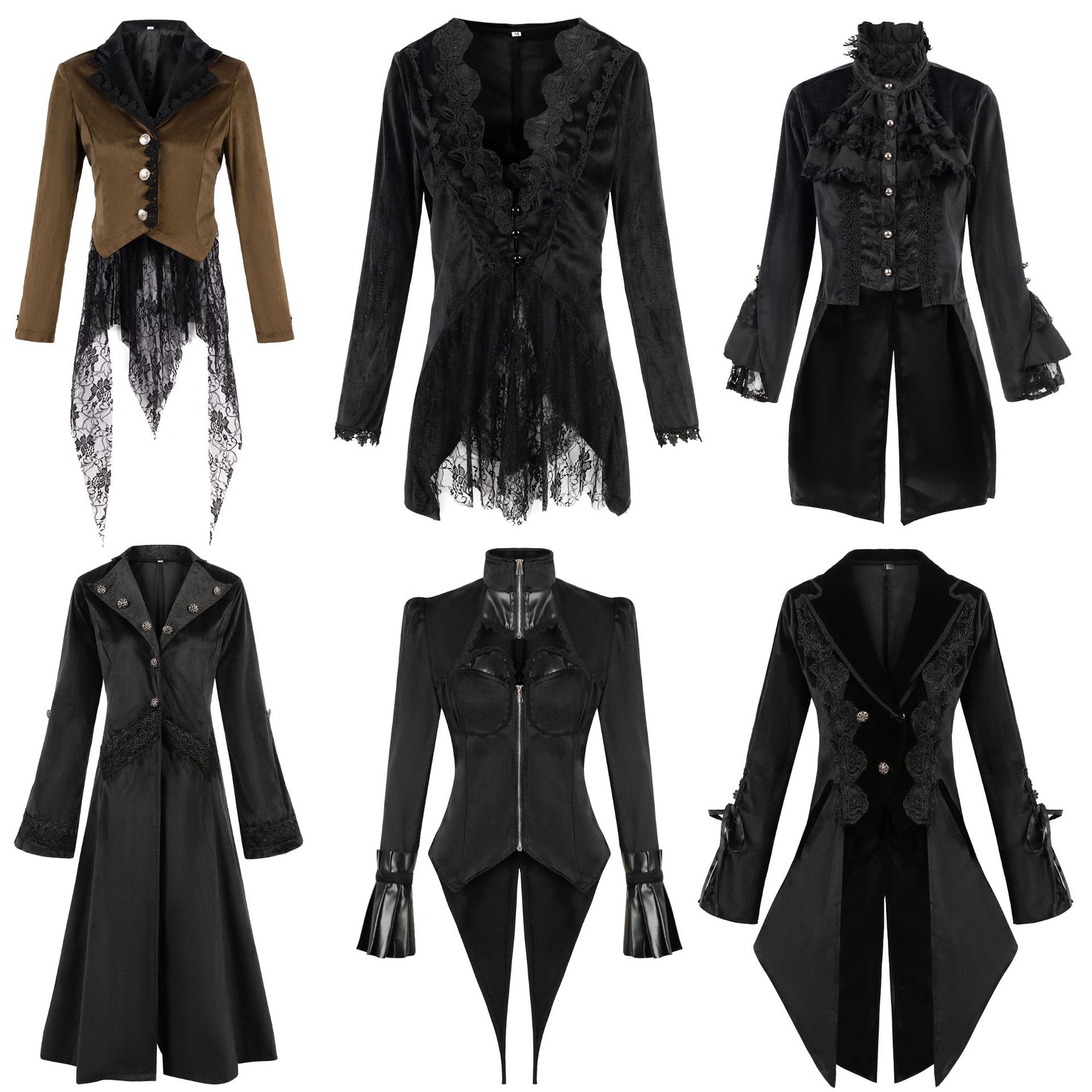 Cross-border European and American-style Gothic mid-length coat, plus-size fashion slim-fit trench coat, dark-toned design with stand-up collar—perfect for a regal, courtly look.