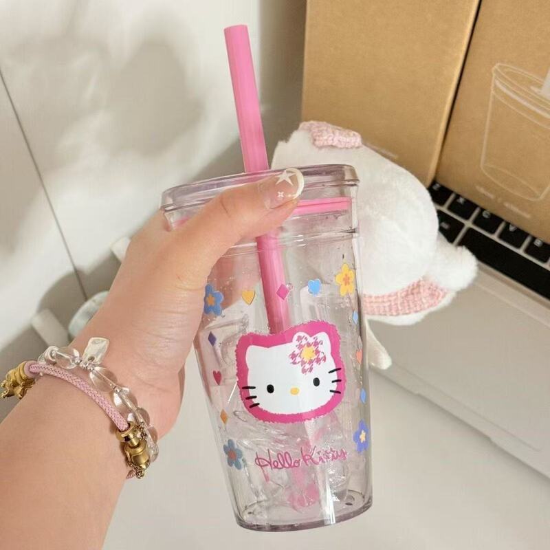ハローキティプラスチックカップストローカップパウダー漫画かわいい透明冷水カップコーヒーカップ醸造カップ|undefined