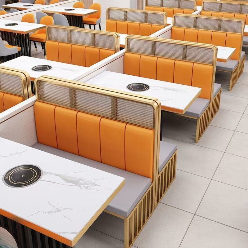 Slate marble hot pot table with induction cooker, commercial solid wood integrated smokeless barbecue table and chairs, sofa and booth combination Slate marble hot pot table with induction cooker, commercial solid wood integrated smokeless barbecue table and chairs, sofa and booth combination