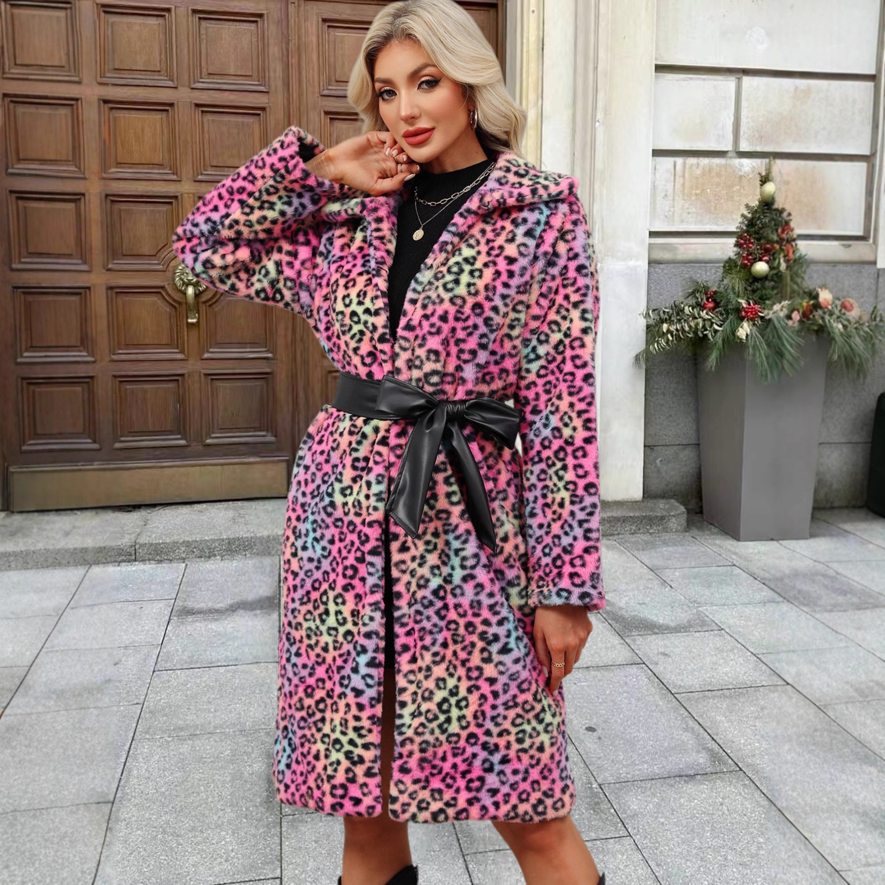 Women's Clothing Luxury Faux Fur Coat – Leopard Print Winter Coat With Notched Collar For Women_voghion.com