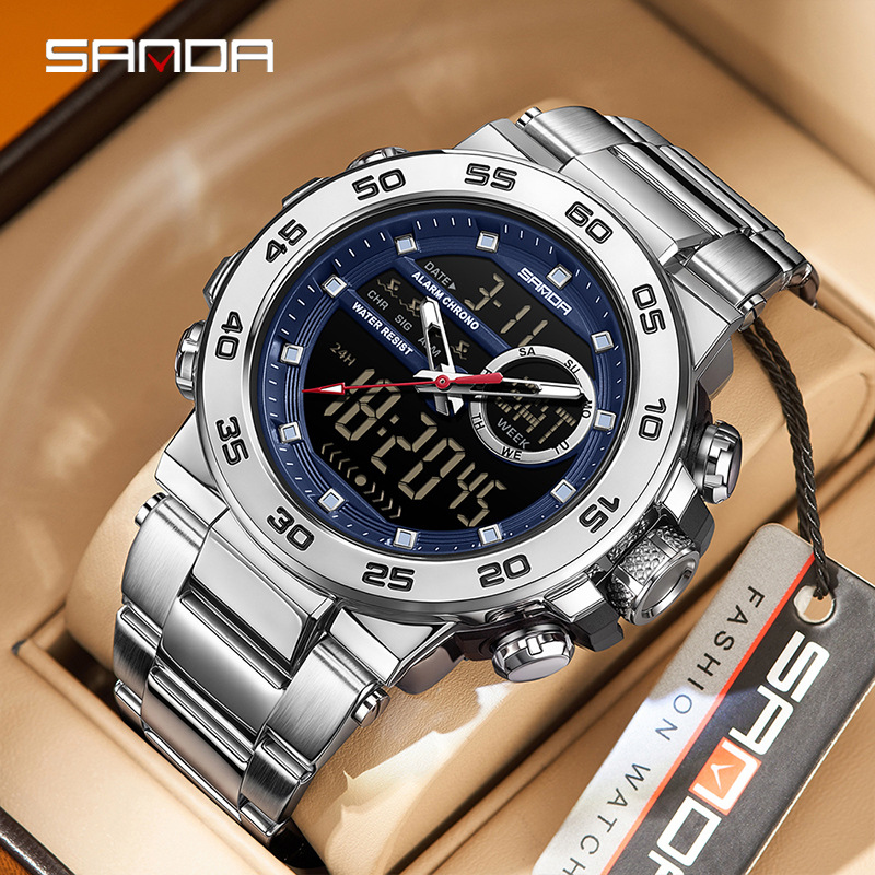 Reloj de pulsera de doble movimiento Sanda 3 reloj de despertador multifuncional impermeable nocturna para hombres