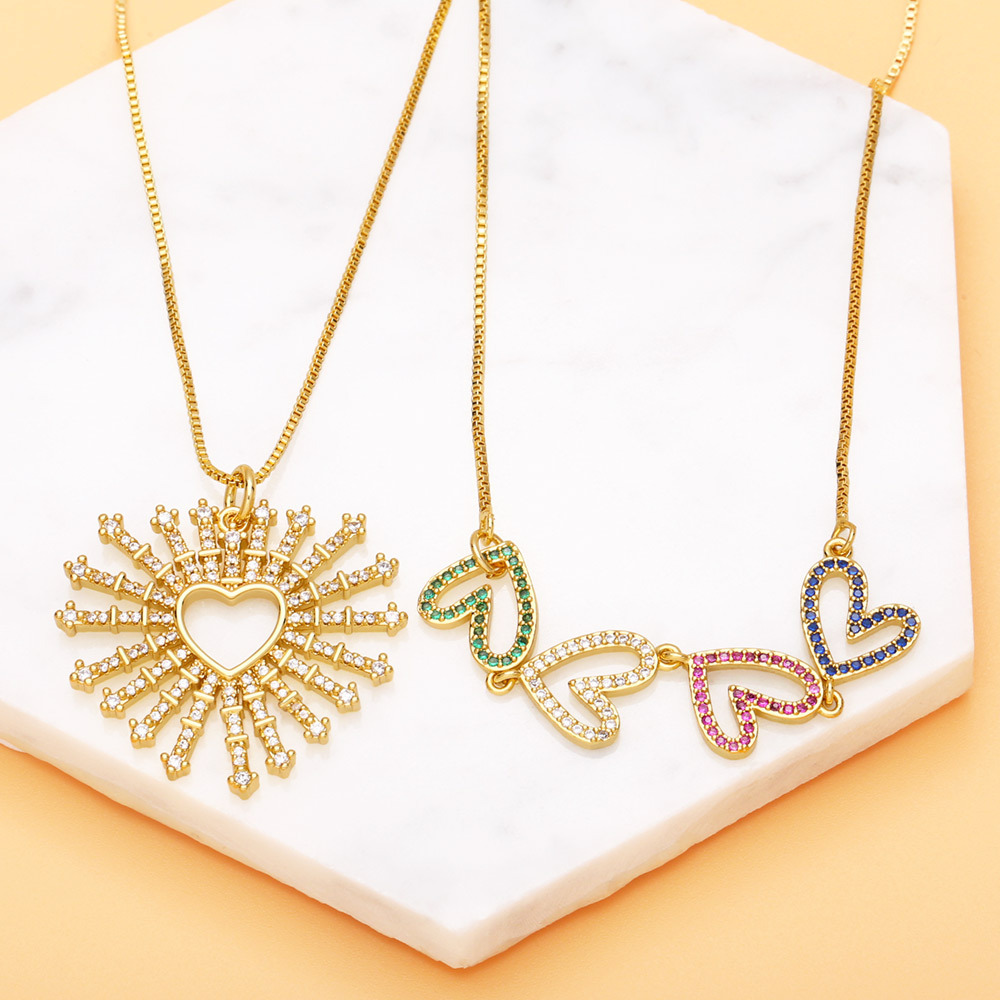 fashion retro colorful zircon heart-shaped pendant copper clavicle chain