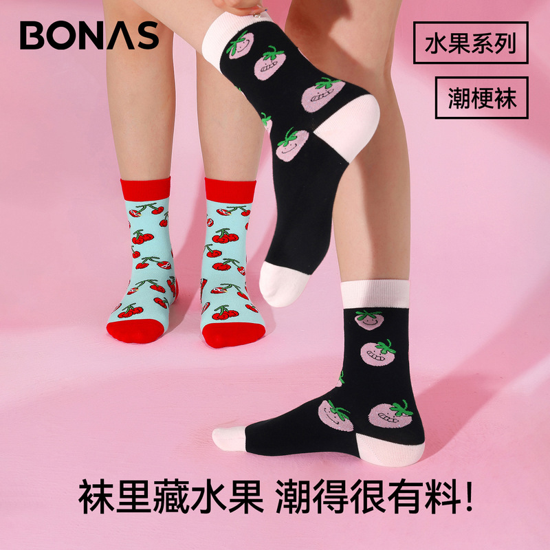 宝娜斯袜子女中筒袜新款礼盒情侣款果然好运水果卡通可爱长筒袜|undefined