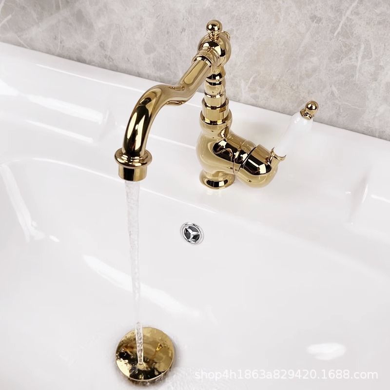 Grifos retro franceses de latón lavabo lavabo grifo de baño clásico mango de cerámica de oro cabeza de agua caliente y fría