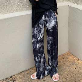 扎染阔腿休闲裤女春秋新款复古港风宽松高腰百搭显瘦直筒长裤INS