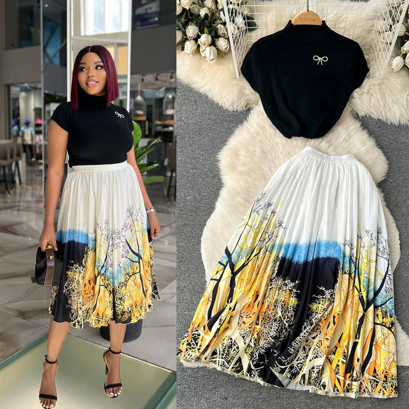 复古优雅风套装女夏高级设计感小众无袖衬衫上衣+百褶长裙两件套