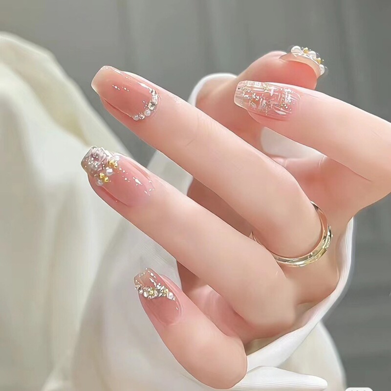 Wearable Manicure Hong Kong Style Pearl Gold Foil Whitening Finished Fake Nail Patch Ns Small Fragrance Manicure Removable