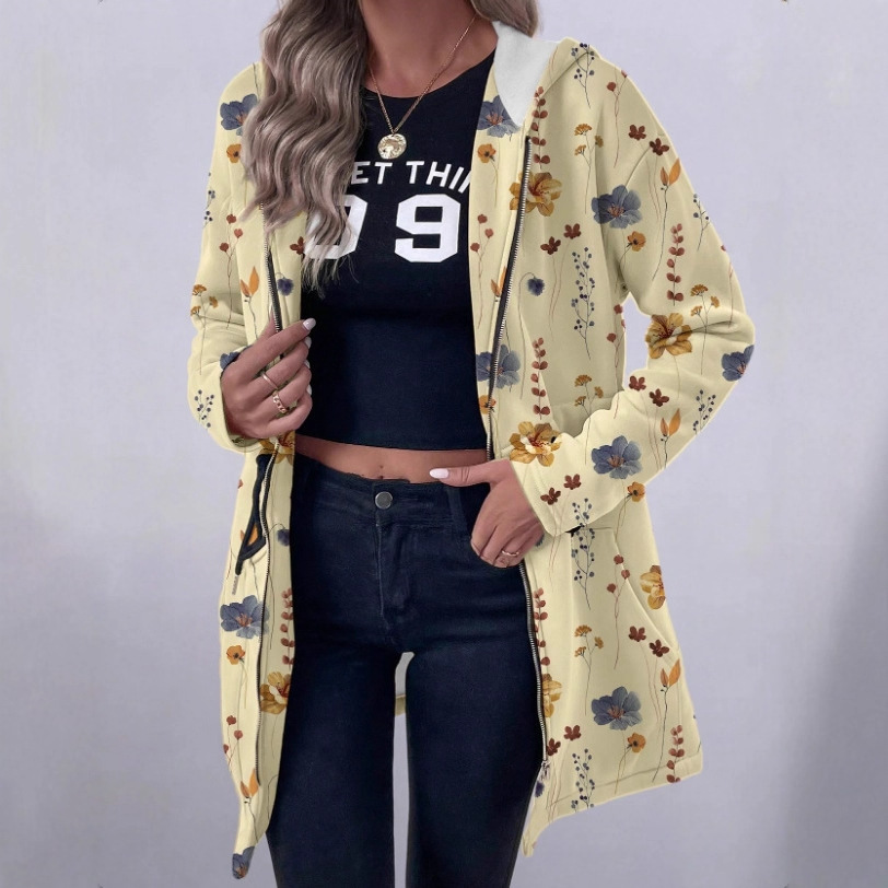 Women's Mid-Length Zippered Hoodie With Printed Long Sleeves And Hood_ecoleips.com