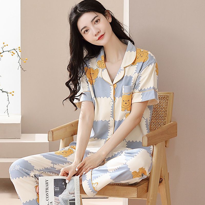 New Pajamas Women's Summer Short-sleeved Pants 100 Pure Cotton Thin Women's Casual Lapel Mother's Home Suit Summer