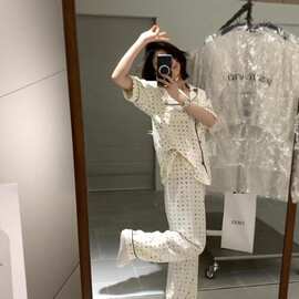 高级感波点睡衣套装女夏短袖家居服翻领透气舒适外穿时尚格子风