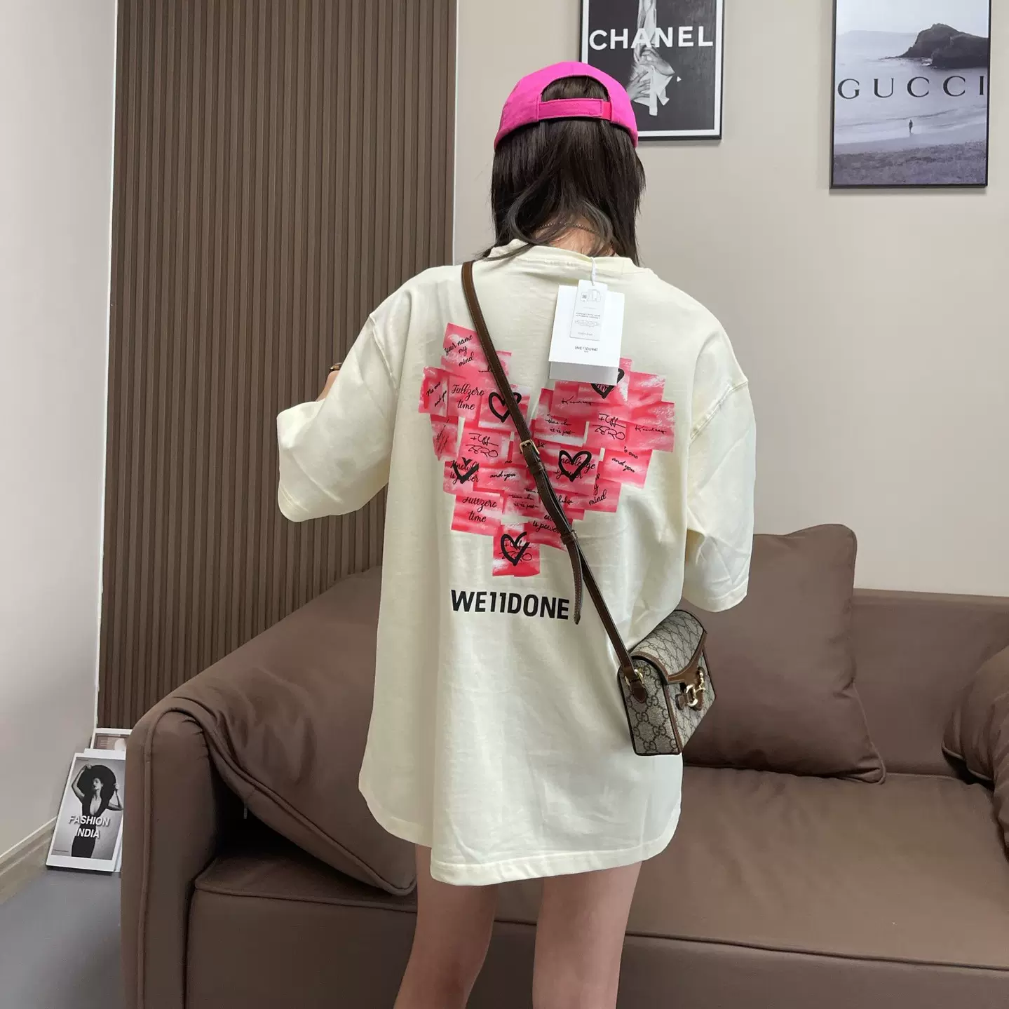 韩版WE11夏款短袖女宽松慵懒男女T恤印花爱心棉圆领打底衫遮屁股