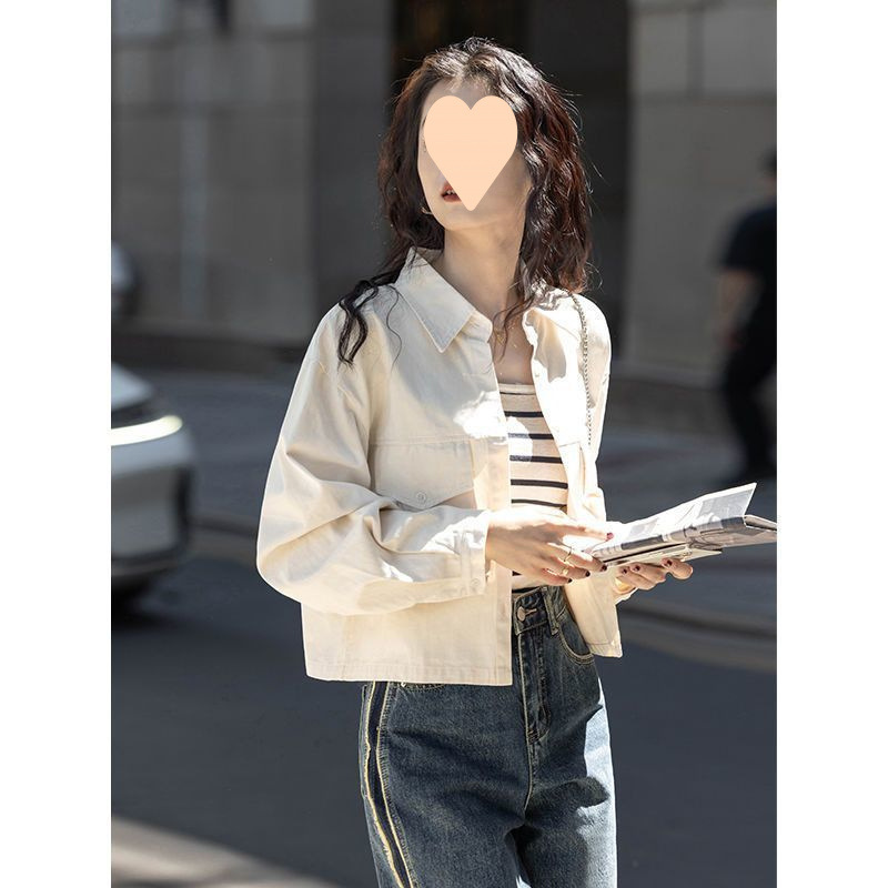 外套女春秋设计感港风上衣复古长袖衬衫洋气短款纯色小个子衬衣女|undefined