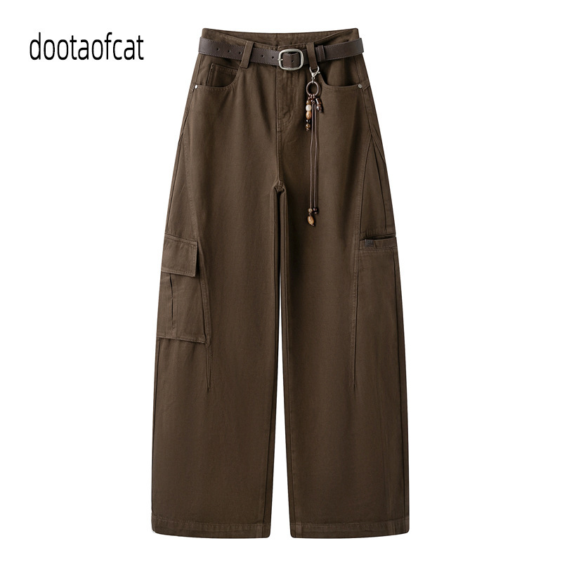 2026 Autumn New Style Workwear Wide-Leg Casual Denim Pants with Belt and Drawstring, Patchwork Pockets RK71302150