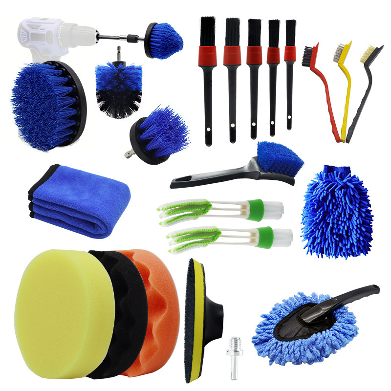 Cross-Border Hot Selling 24-Piece Car Wash Cleaning Brush Set Car Interior Cleaning Electric Drill Brush Head Detail Brush
