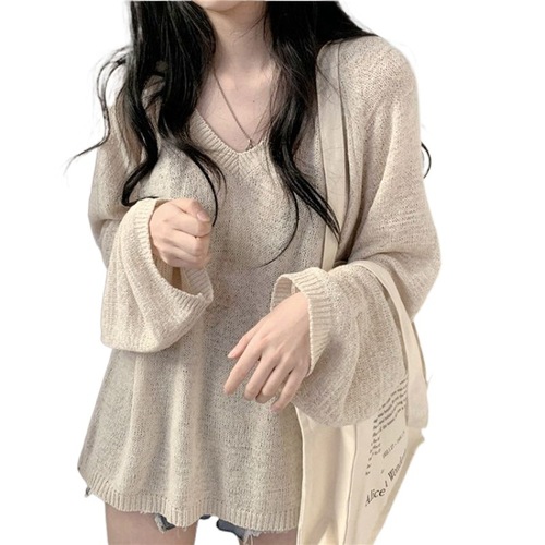 Gentle Wind Korean Style Casual Long-Sleeve T-Shirt Women Summer Thin Knit Sun Protection Cover-up Soft Milky Blue Top