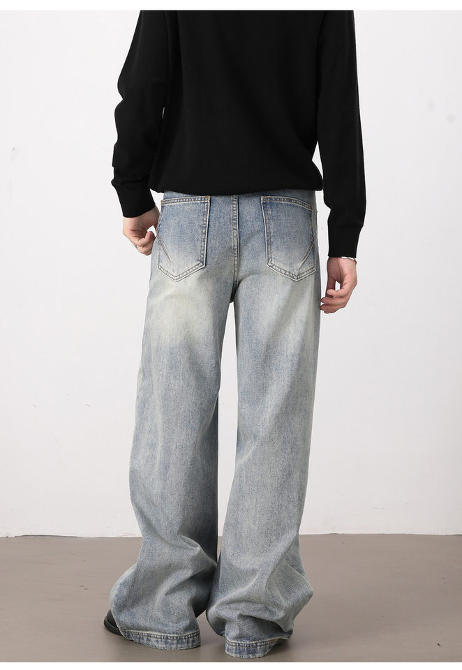 Quần jeans nam dáng rộng ống đứng phong cách high street, lưng vừa, dài ống, dễ phối đồ — Xanh nhạt chi tiết 8
