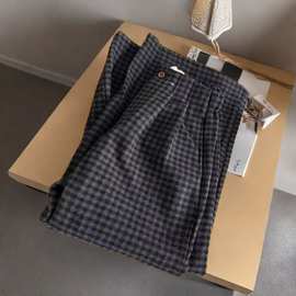 格子西装阔腿裤女秋冬加厚宽松显瘦高腰窄版加厚毛呢休闲直筒裤子