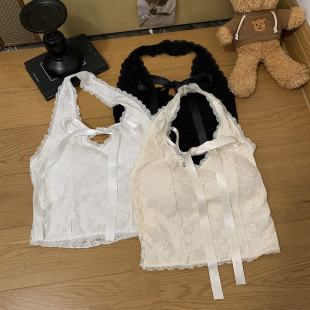 Pure Lust Style Lace Halterneck Backless Camisole with Breast Pads and Navel-Baring Slimming Look Sexy Versatile Top