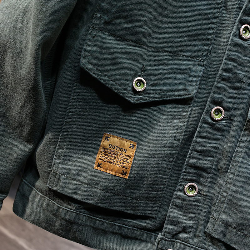 V-embroidered Denim Jacket For Men Washed Lapel Tooling Style_voghion.com