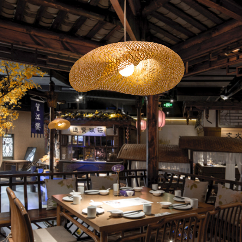 竹编吊灯中式禅意茶室灯东南亚餐厅酒店民宿风格日式竹艺火锅灯具-阿里巴巴