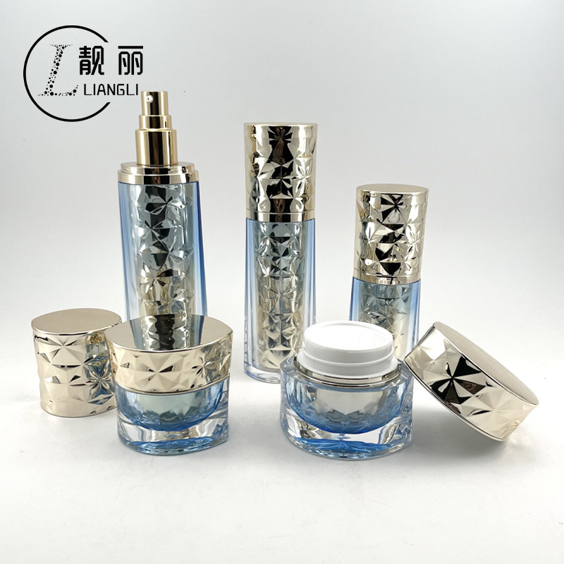新款亚克力渐变色厚底黑钻瓶乳液瓶花纹盖膏霜瓶护肤品包材
