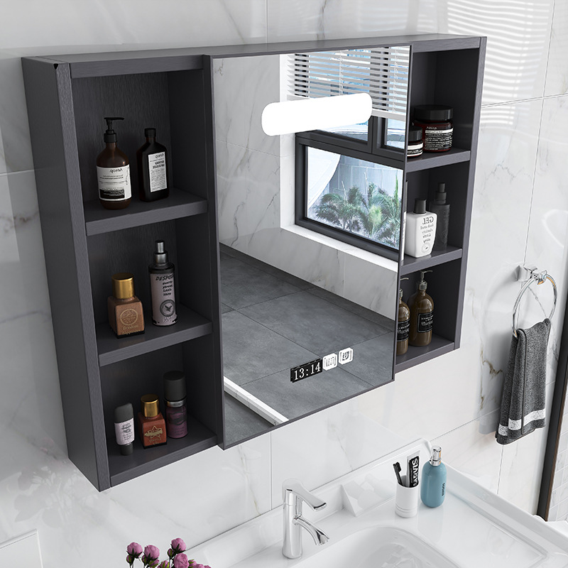 Armario de espejo de baño de lujo ligero simple con estante de almacenamiento espejo de baño caja de espejo de baño almacenamiento montado en la pared de fibra de carbono