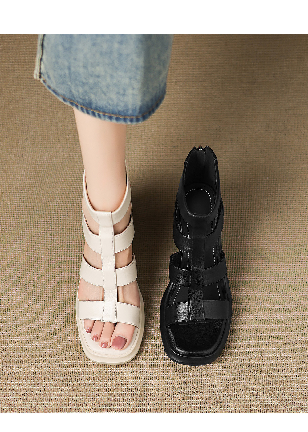 Sandal cao gót nữ mũi vuông hở ngón chân, chất da bò thô, gót 9 cm — đen chi tiết 7